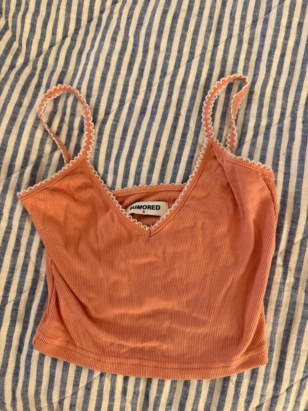 Rumored Rust Ribbed V-Neck Crop Cami with White Trim